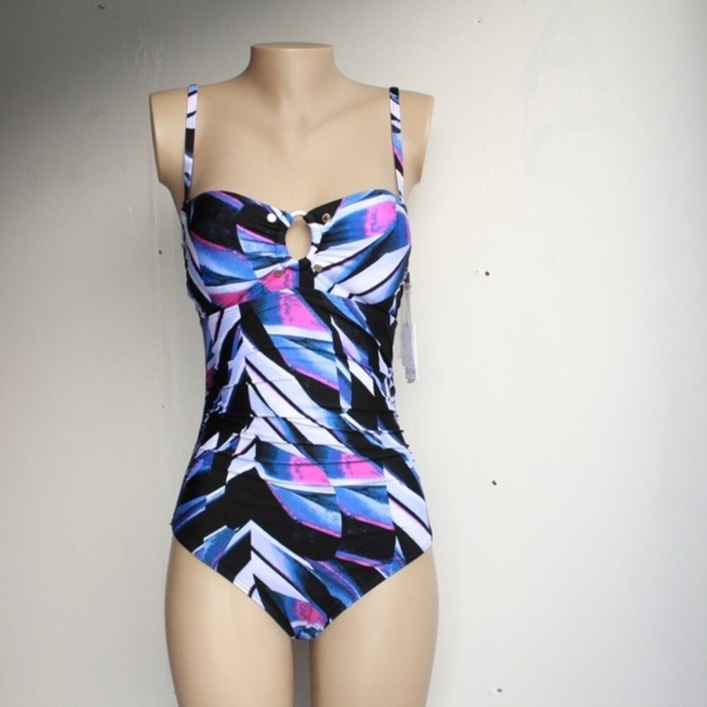 Calvin Klein Convertible Bandeau O Ring Chevron Swimsuit Sz 6 Black Blue Purple